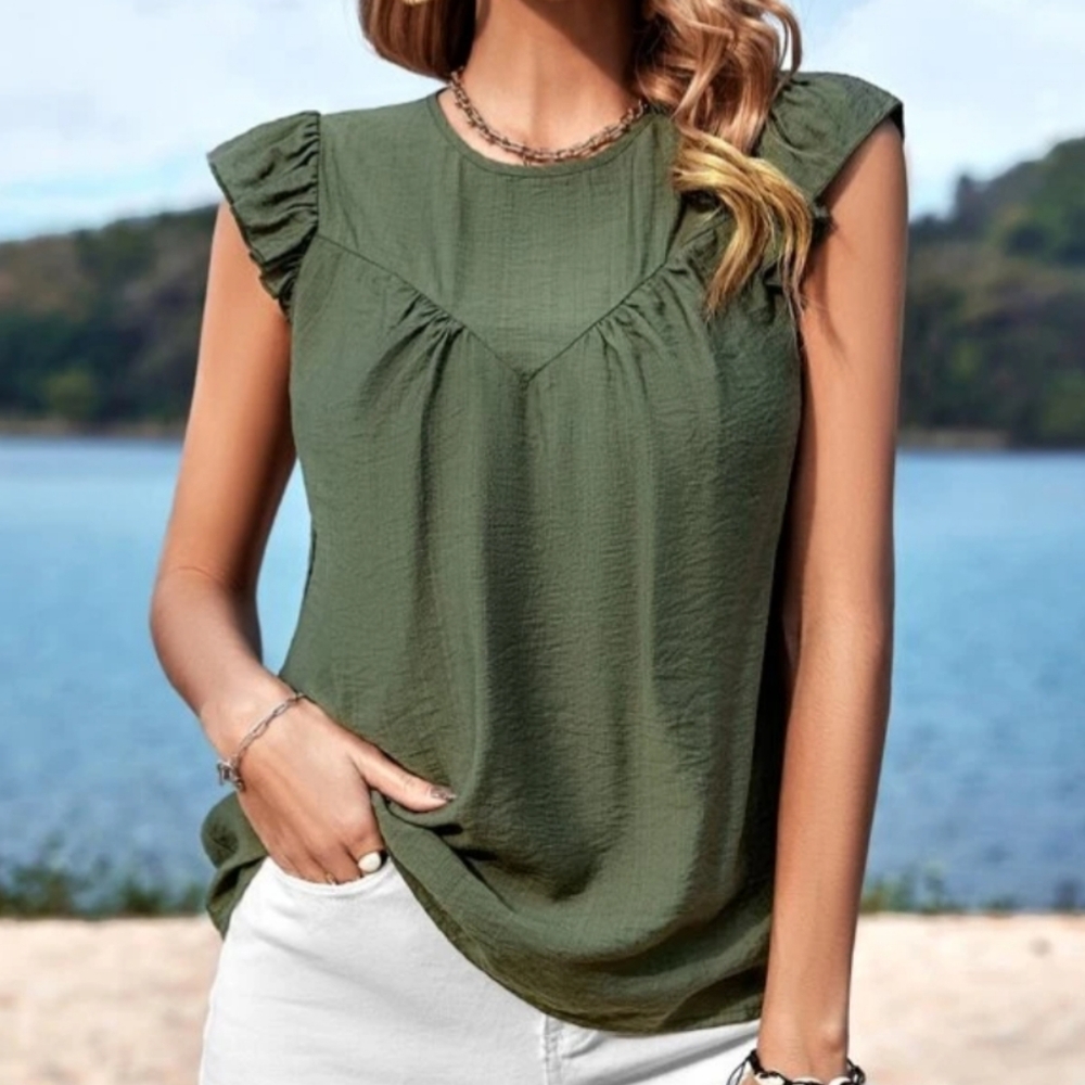 Women's Olive Green Ruffle Sleeve Top